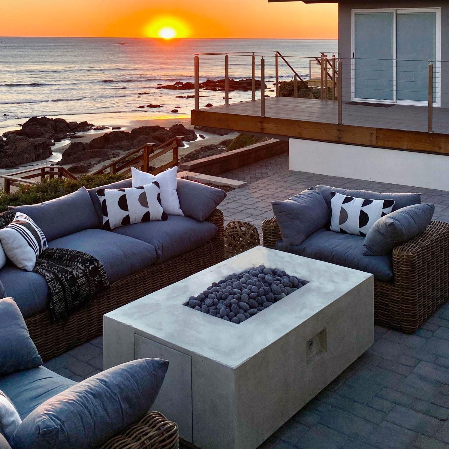 Prism Hardscapes SCPH-422-5LP Porto 68 68-in Rectangular Propane Gas Fire Pit Table - At Sunset - Lifestyle thumbnail