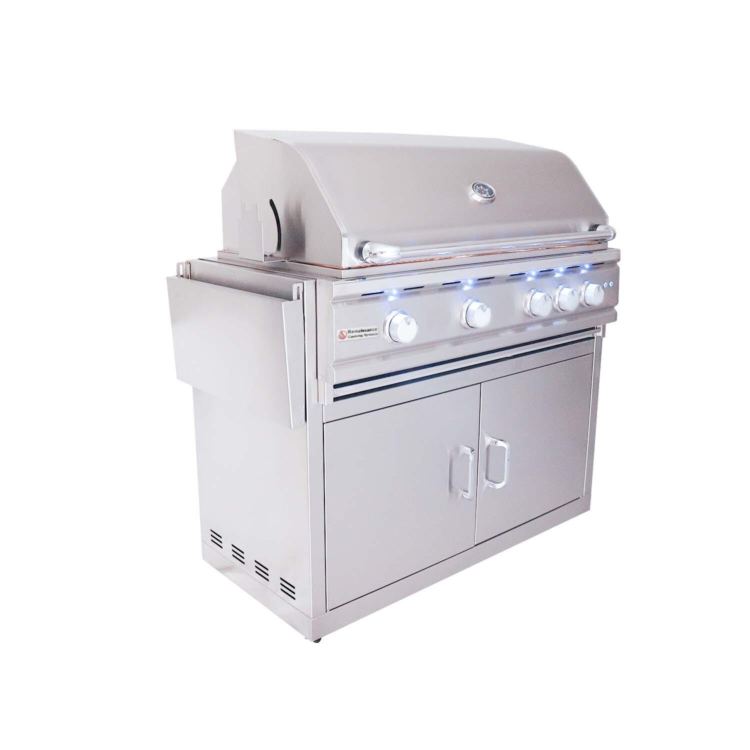 RCS RON38BLPCK Cutlass Pro 38 Inch Propane Grill - Left Angled View Shelves Down - White Background thumbnail