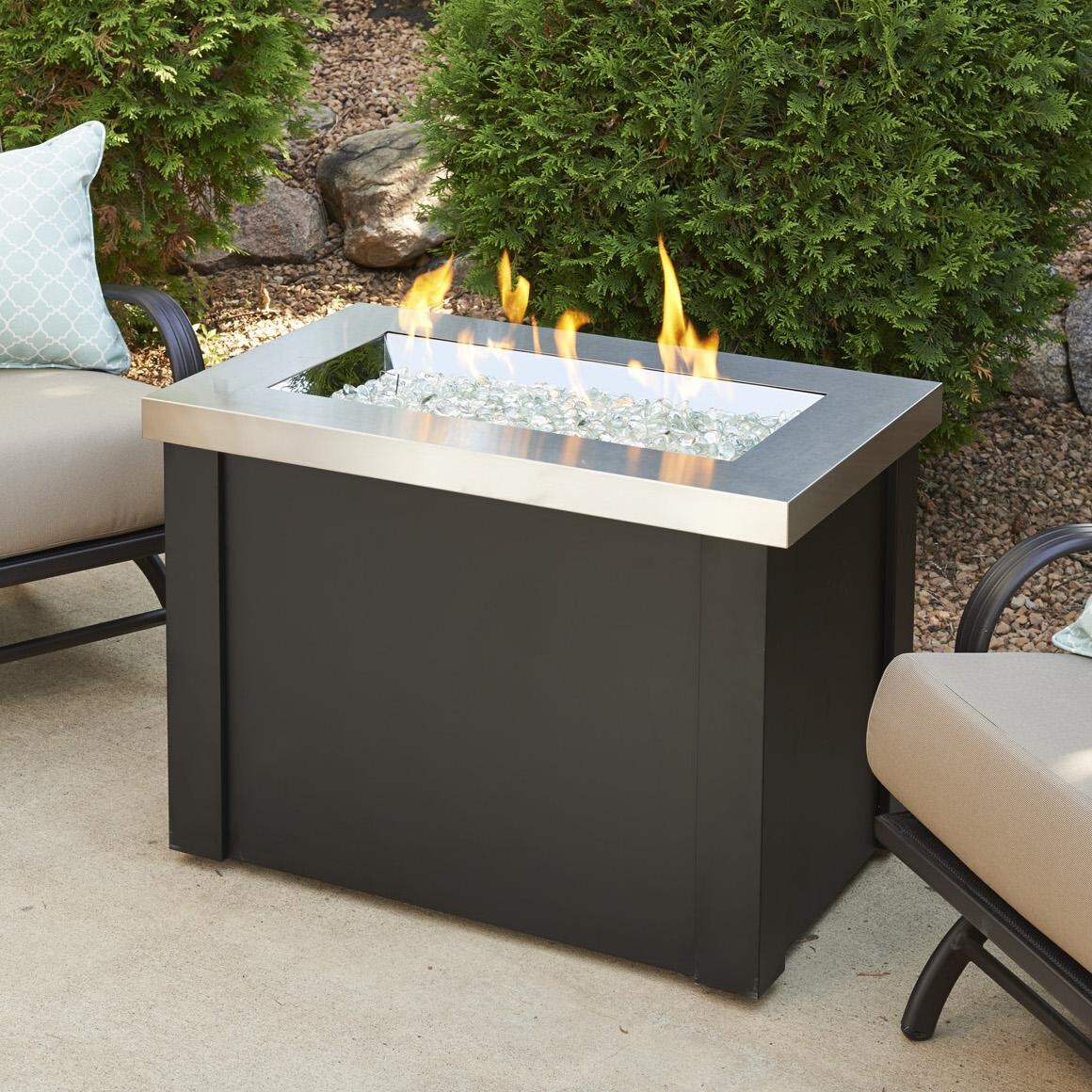 Providence 32 Inch Rectangular Steel Propane Fire Pit in Stainless Steel by The Outdoor GreatRoom Company
