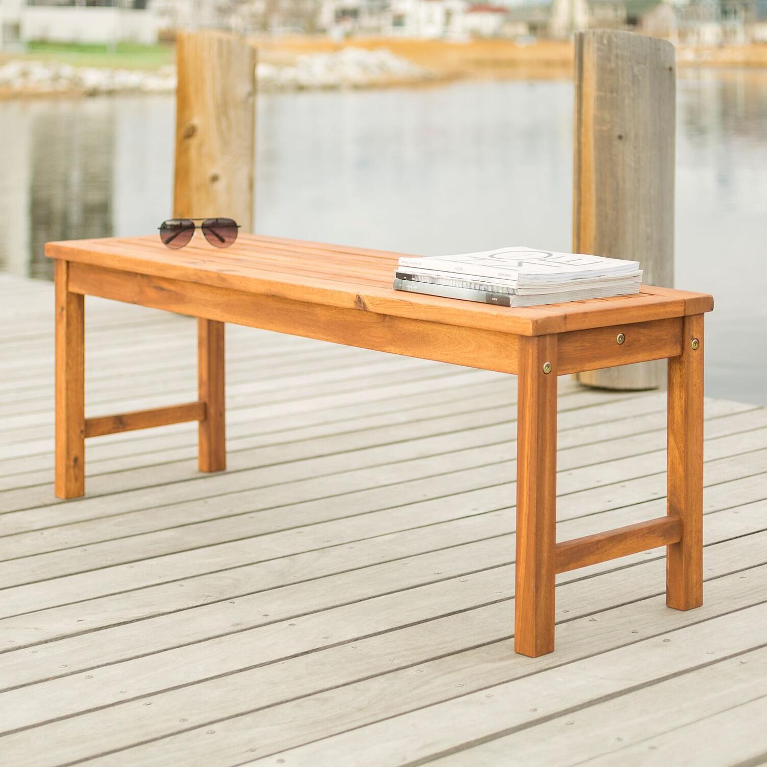 Ultimate Patio Horizon Way 53 Inch Brown Acacia Backless Patio Bench - Angled View thumbnail