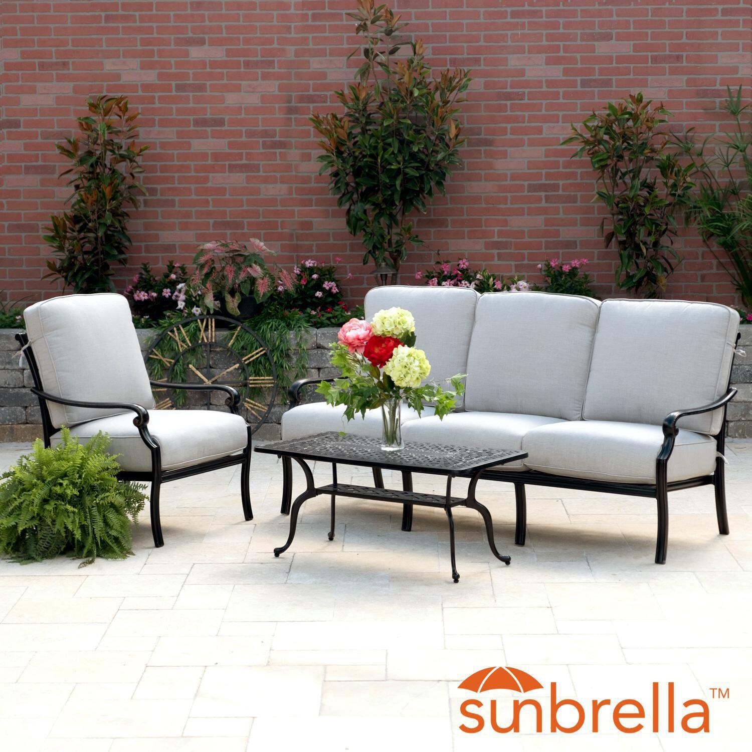 Du Monde 3 Piece Cast Aluminum Outdoor Conversation Set W/ 42 X 21 Inch Coffee Table, Sofa & Cast Silver Cushions By Lakeview Outdoor Designs