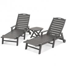 Nautical 3 Piece Slate Gray Recycled Plastic Wood Patio Chaise Lounge Set W/ Arms By POLYWOOD