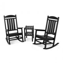 Presidential Recycled Plastic Wood 3 Piece Patio Rocking Chair Set W/ 2 Shelf End Table By POLYWOOD - Black