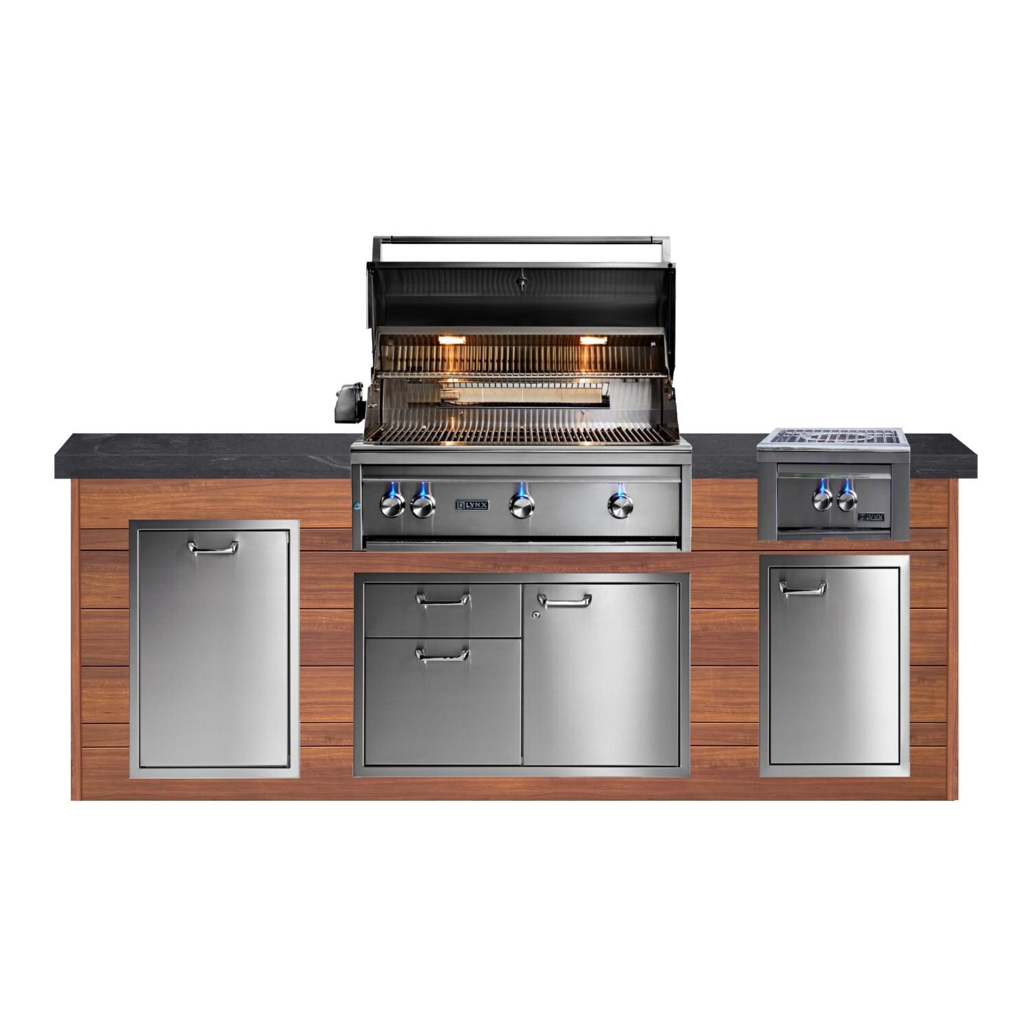 BBQGuys Signature 8ft Luxury Outdoor Kitchen w/ Lynx Professional 36-Inch Propane Grill & Power Burner - Light National Walnut Aluminum w/ Black Polished Granite