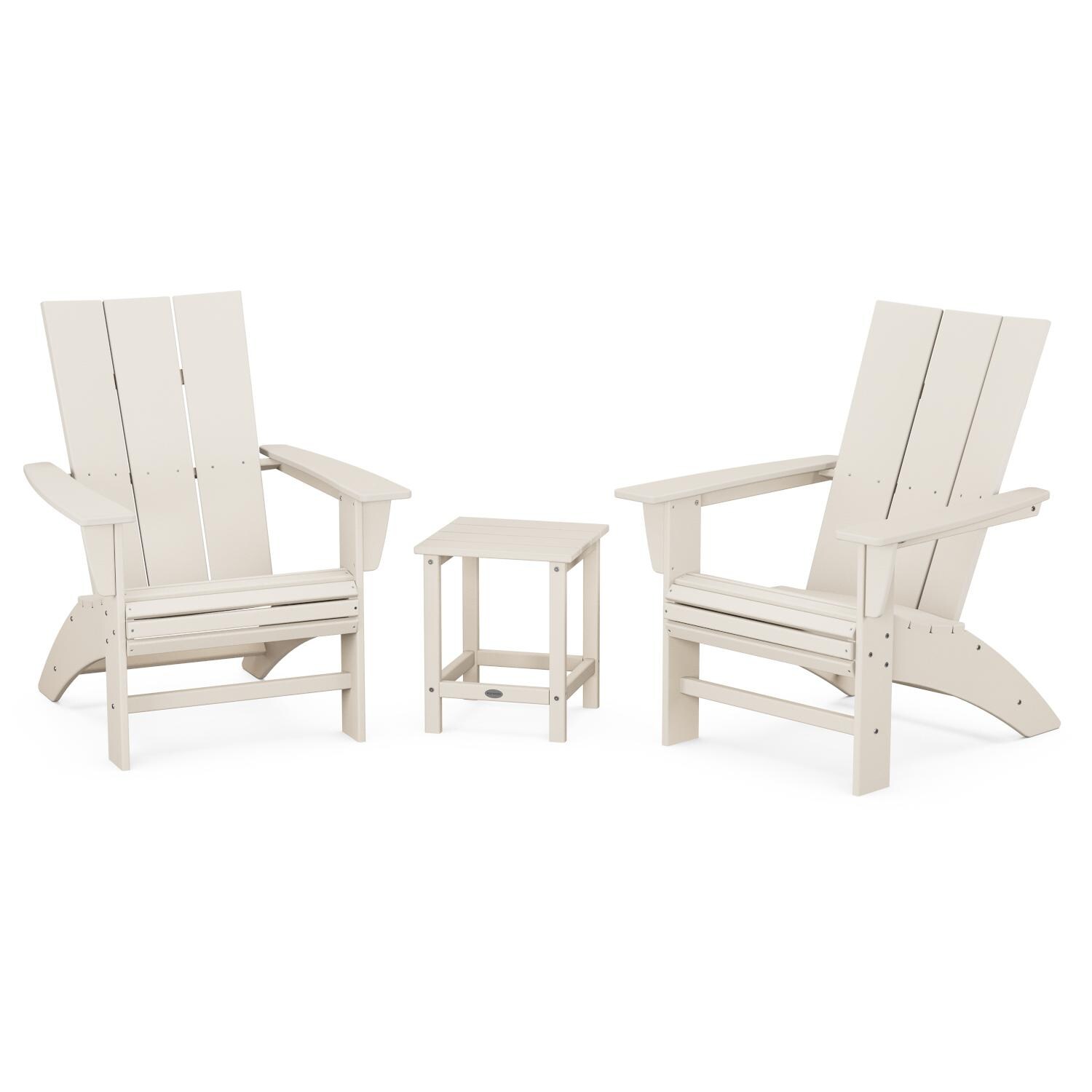 Modern Adirondack 3 Pc Recycled Plastic Seating Set w/ Curveback Chairs & Long Island End Table in Sand by POLYWOOD