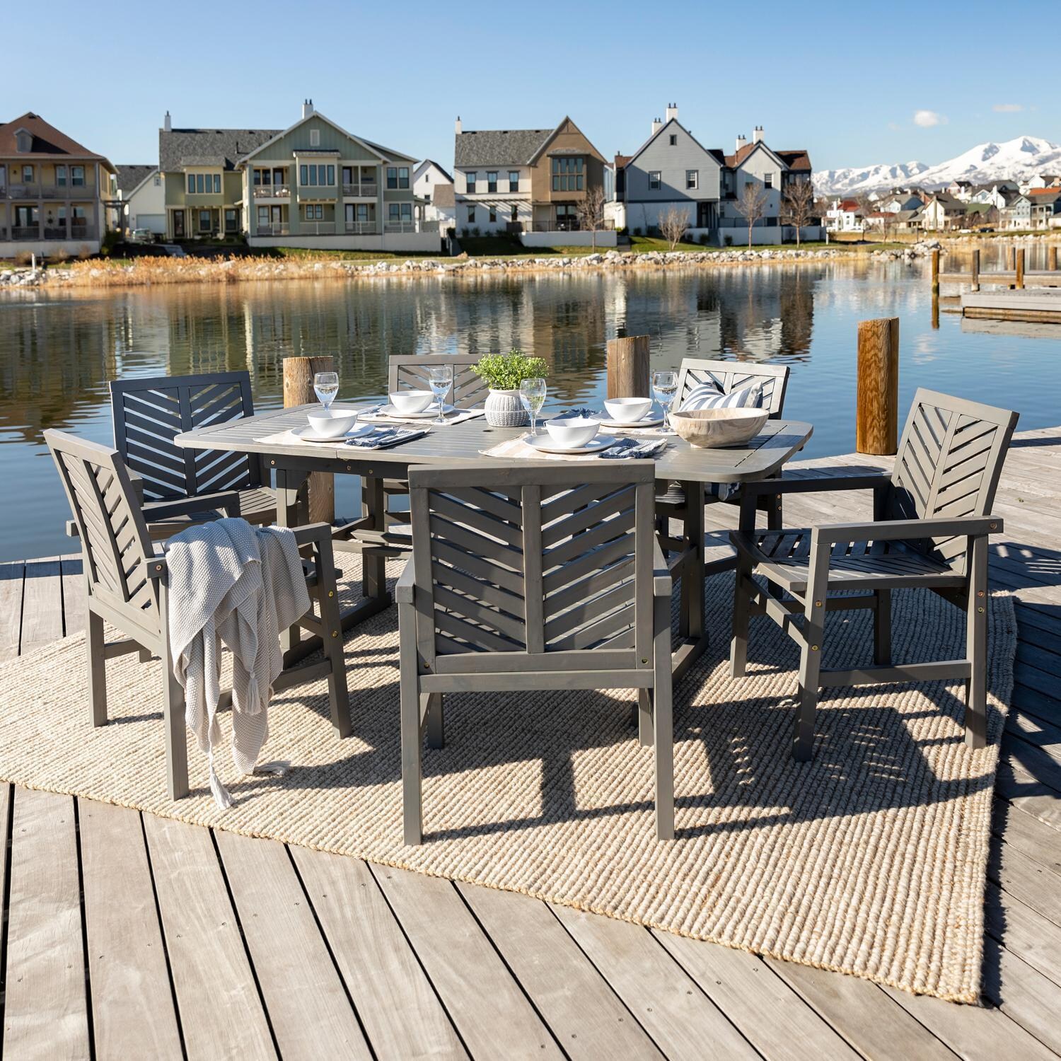 Wishlake 7 Pc Acacia Patio Dining Set w/ 55-79 X 35 Inch Extension Rectangular Table in Gray Wash by Ultimate Patio