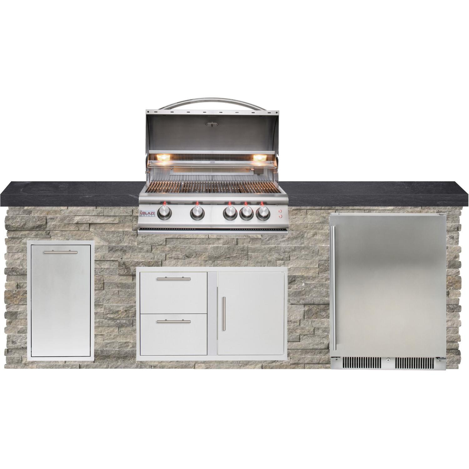 BBQGuys Signature 8ft Luxury Outdoor Island W/ Blaze Premium LTE 32-Inch Propane Grill & Outdoor Rated Refrigerator - Silver Travertine Stone W/ Black Polished Granite thumbnail