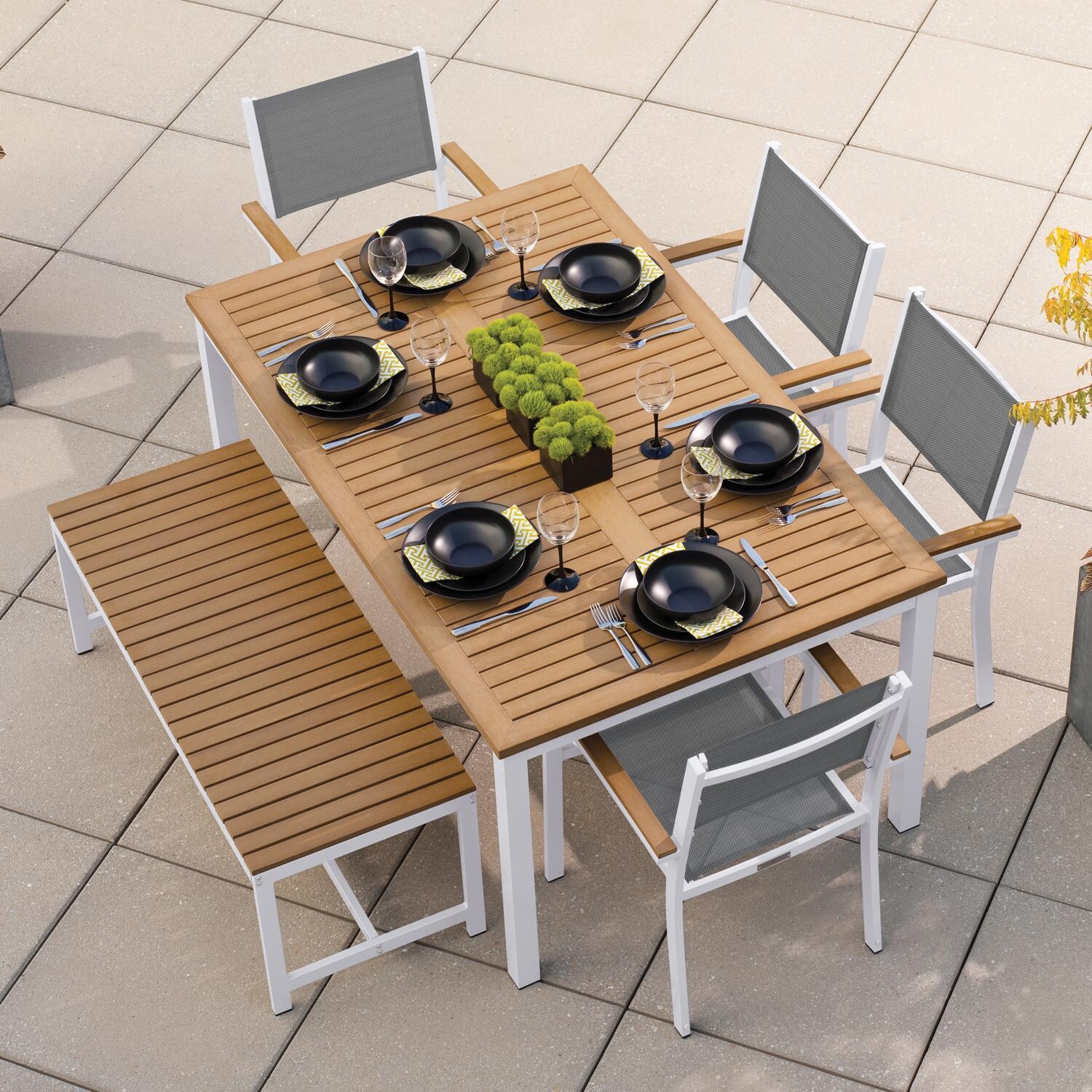 Oxford Garden Travira 2 Pc Composite Sling & Aluminum Dining Chair W/ Natural Tekwood Arm Caps in Chalk/Titanium - From Above thumbnail