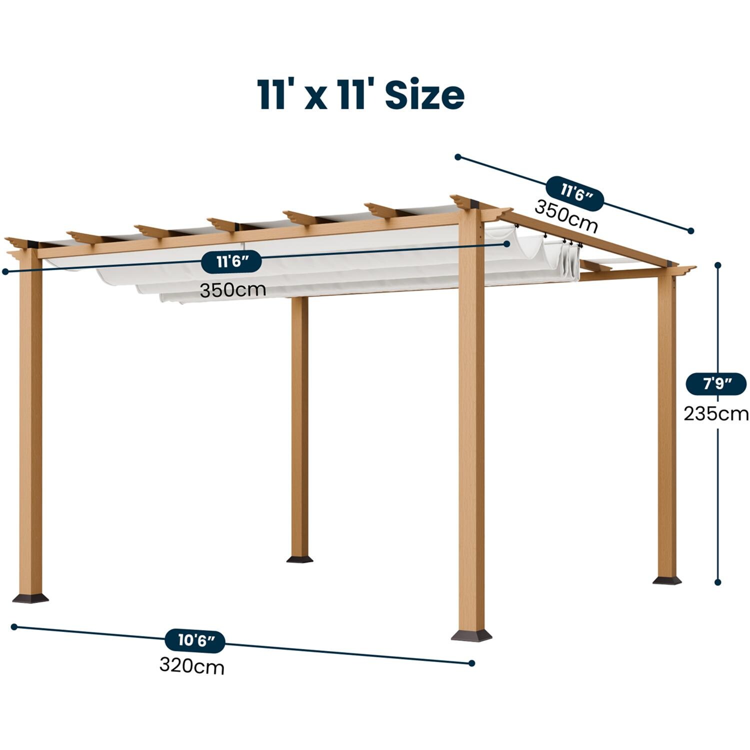 Paragon Outdoor PR11WD1W Florence 11' x 11' Cedar Pergola w/ White Canopy - Dimensions - Dimensional thumbnail