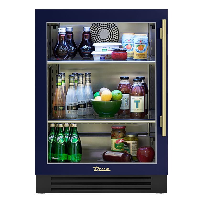 True TUR-24-L-OG-C~DSK-078-H01 24 Inch 5.6 Cu. Ft. Left Hinge Glass Door Outdoor Refrigerator in Cobalt w/ Brass Handles - White Background thumbnail