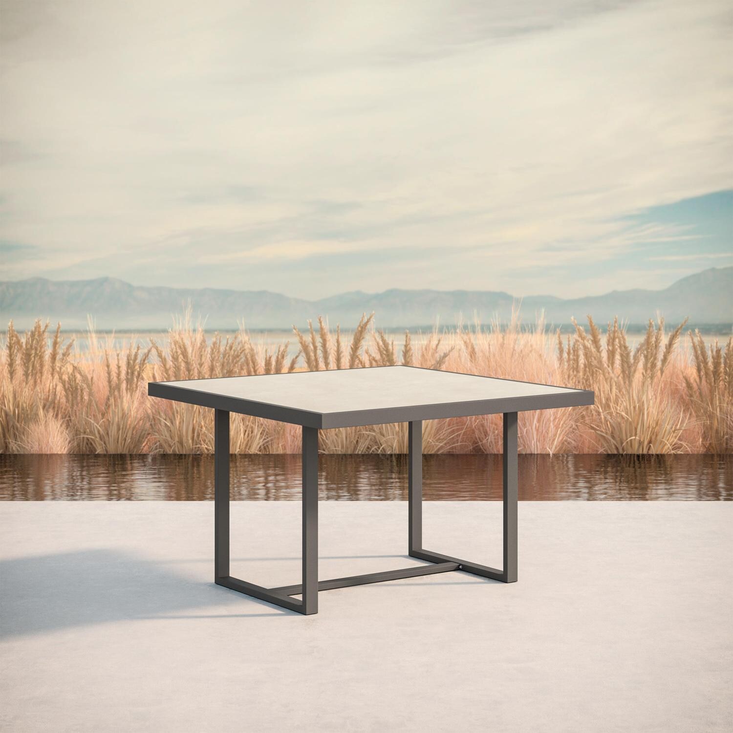 Azzurro Living Pavia 48 Inch Charcoal Aluminum Dining Table W/ Albarium Dekton Top - Lifestyle thumbnail
