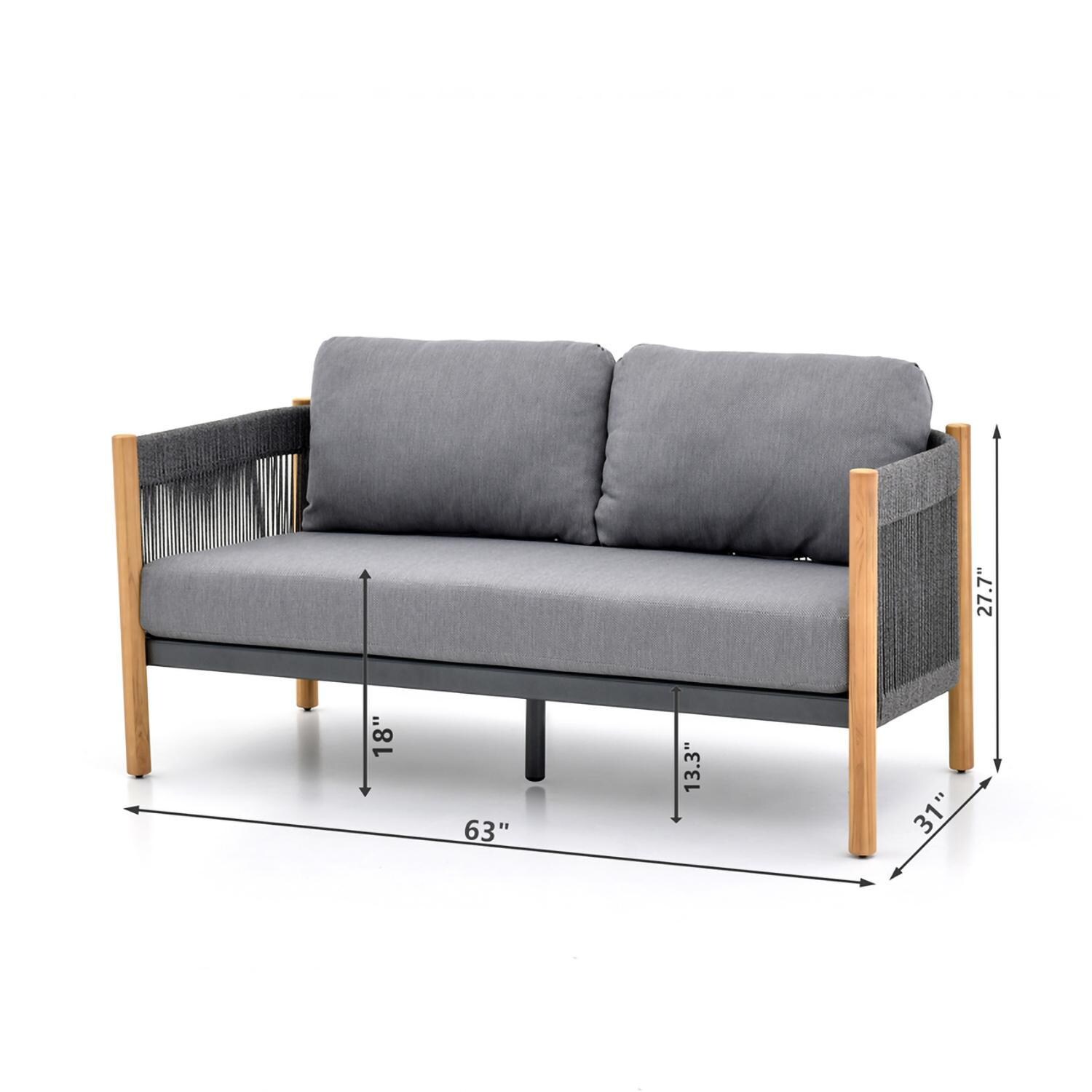 Dekka 5 Pc Seating Set W/ Grey Cushions in Wood By Lakeview Outdoor Designs - Sofa - Dimensional thumbnail