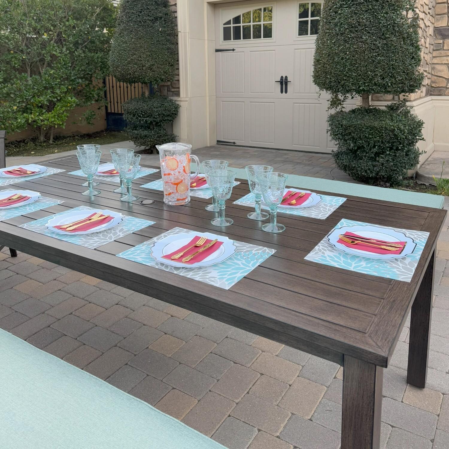 Atlantis 5 Pc Aluminum Dining Set w/ 2 Dining Side Chairs & 2 Three Person Benches in Walnut/Spa by Darlee - Table Side - Lifestyle thumbnail