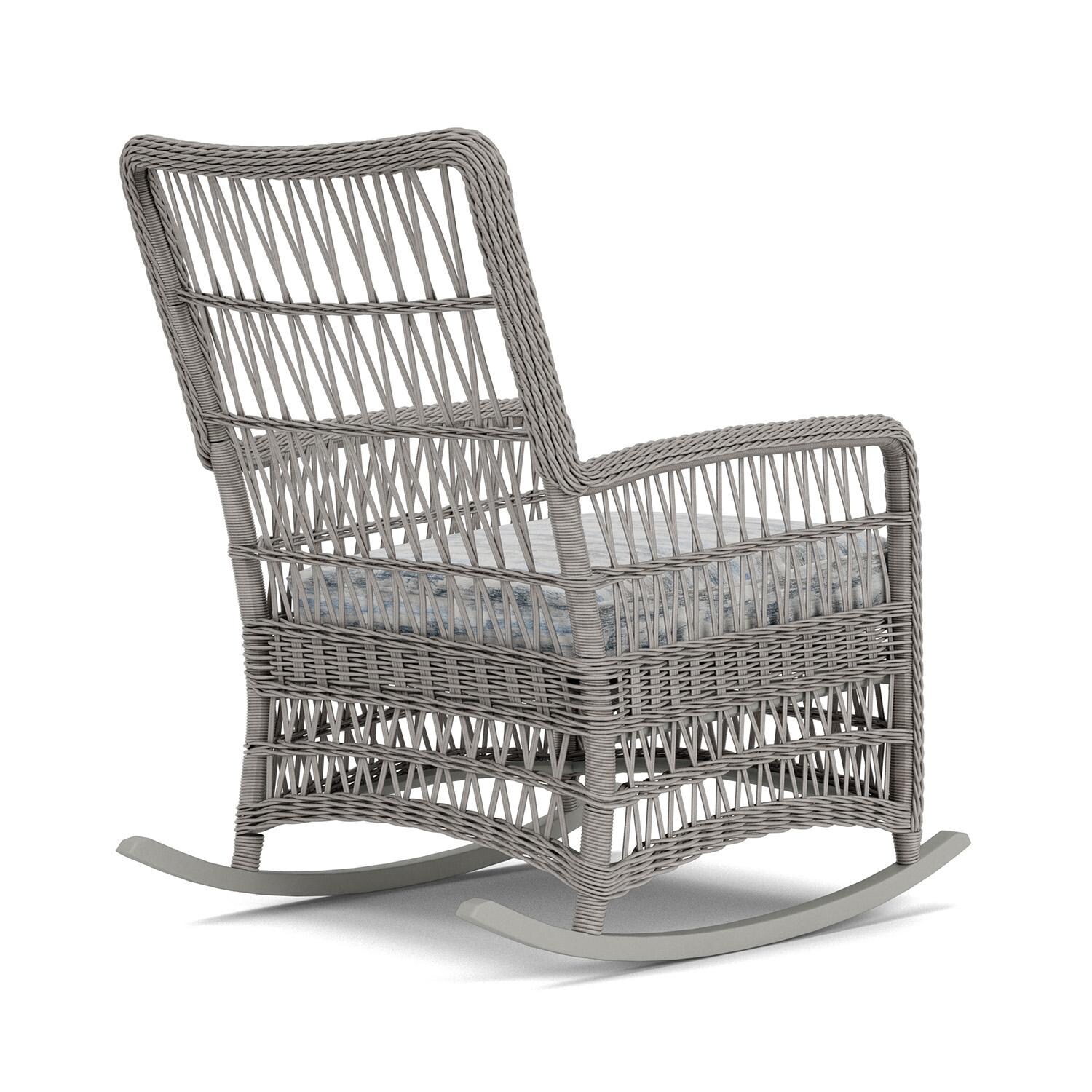 Lloyd Flanders Mackinac High Back Porch Rocker in Putty Finish with Stratosphere Cloud fabric - Rear Right thumbnail