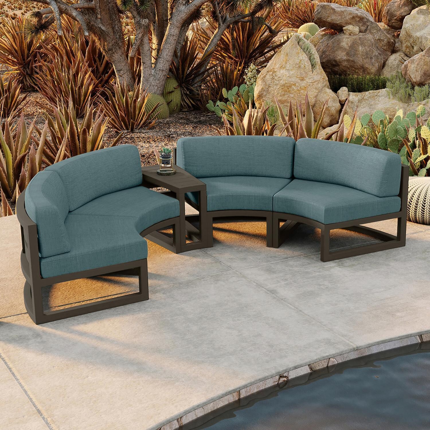 Misty Cove 3 Piece Curve Sectional Set in Slate w/End Table & Cast Lagoon Cushions by Lakeview - By the Pool - Lifestyle thumbnail