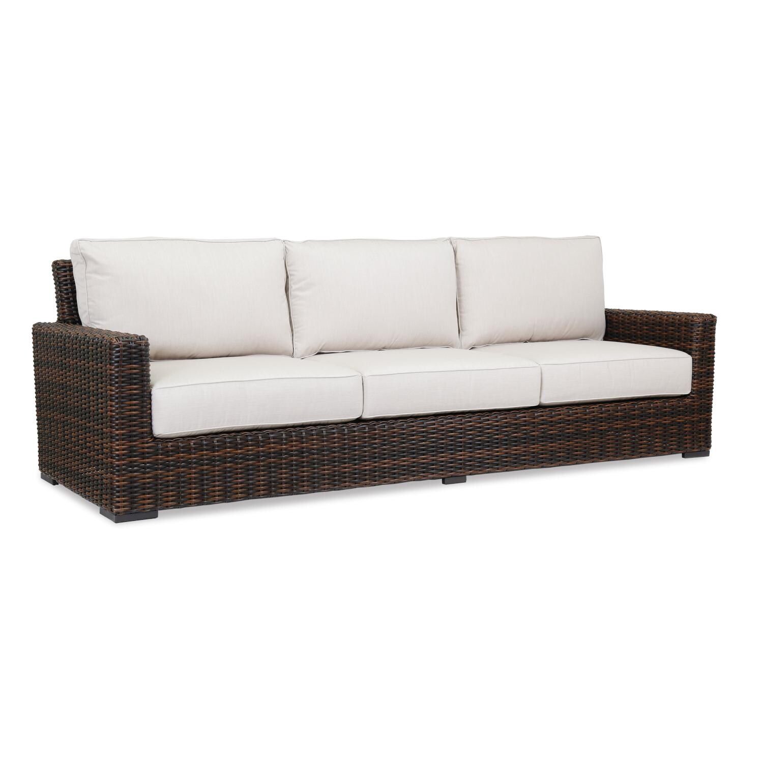 Sunset West - Montecito 5 Piece Resin Wicker Patio Fire Pit Conversation Set W/ Ottoman & Sunbrella Canvas Flax Cushions - Montecito Patio Sofa