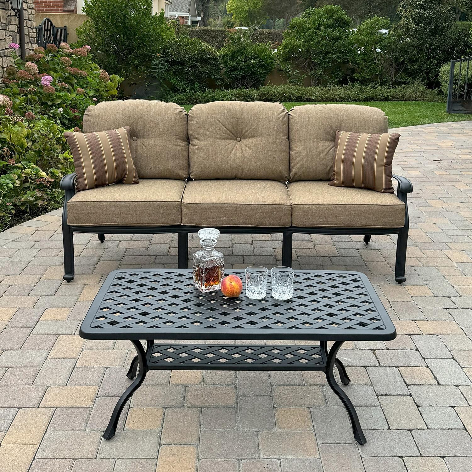 Elisabeth 2 Pc Cast Aluminum Seating Set w/ 42 X 21 Inch Series 30 Table & Throw Pillows in Antique Bronze/Sesame by Darlee