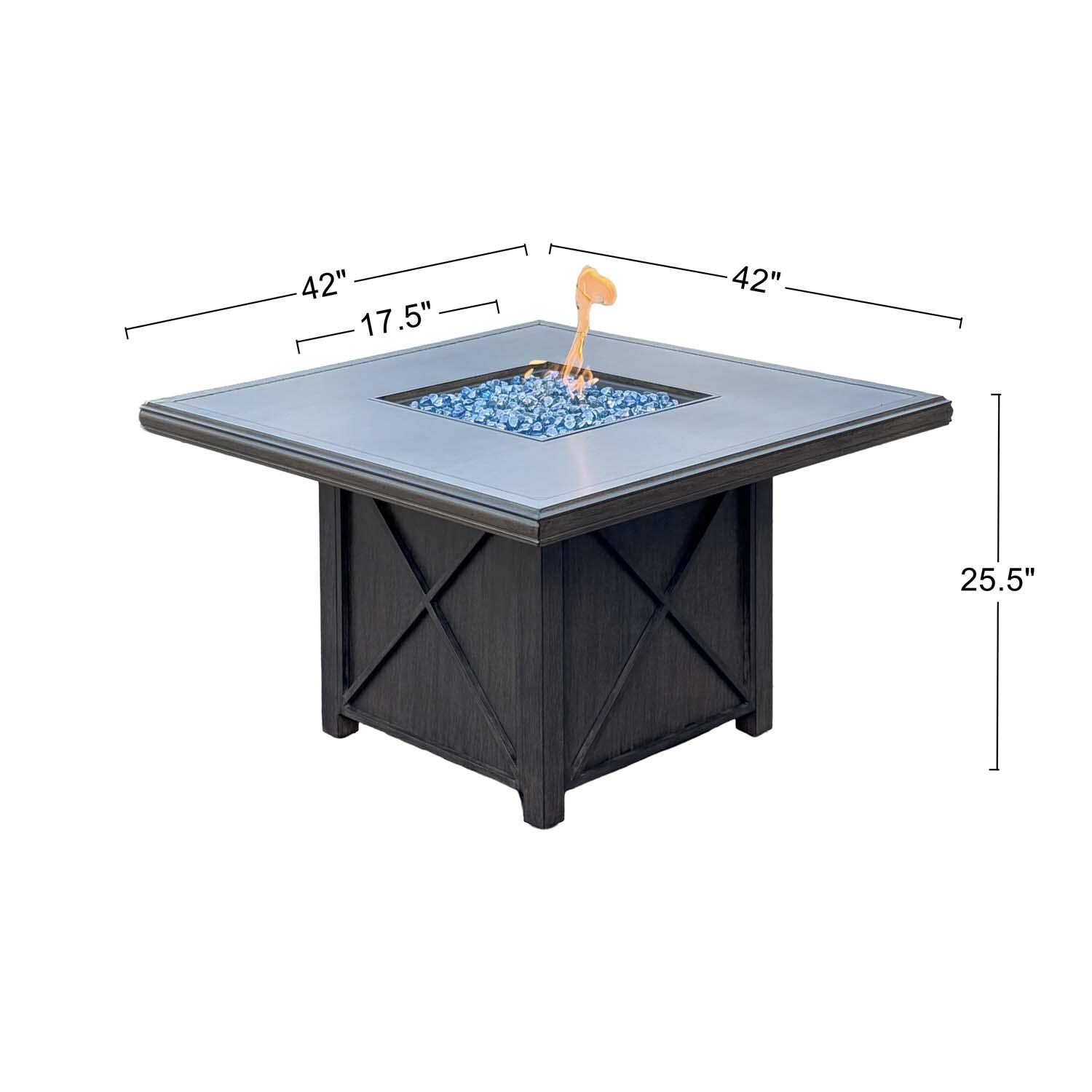 Atlantis 4 Pc Aluminum Seating Set w/ Square Fire Pit Chat Table in Walnut/Beige by Darlee - Fire Pit Table - Dimensional thumbnail