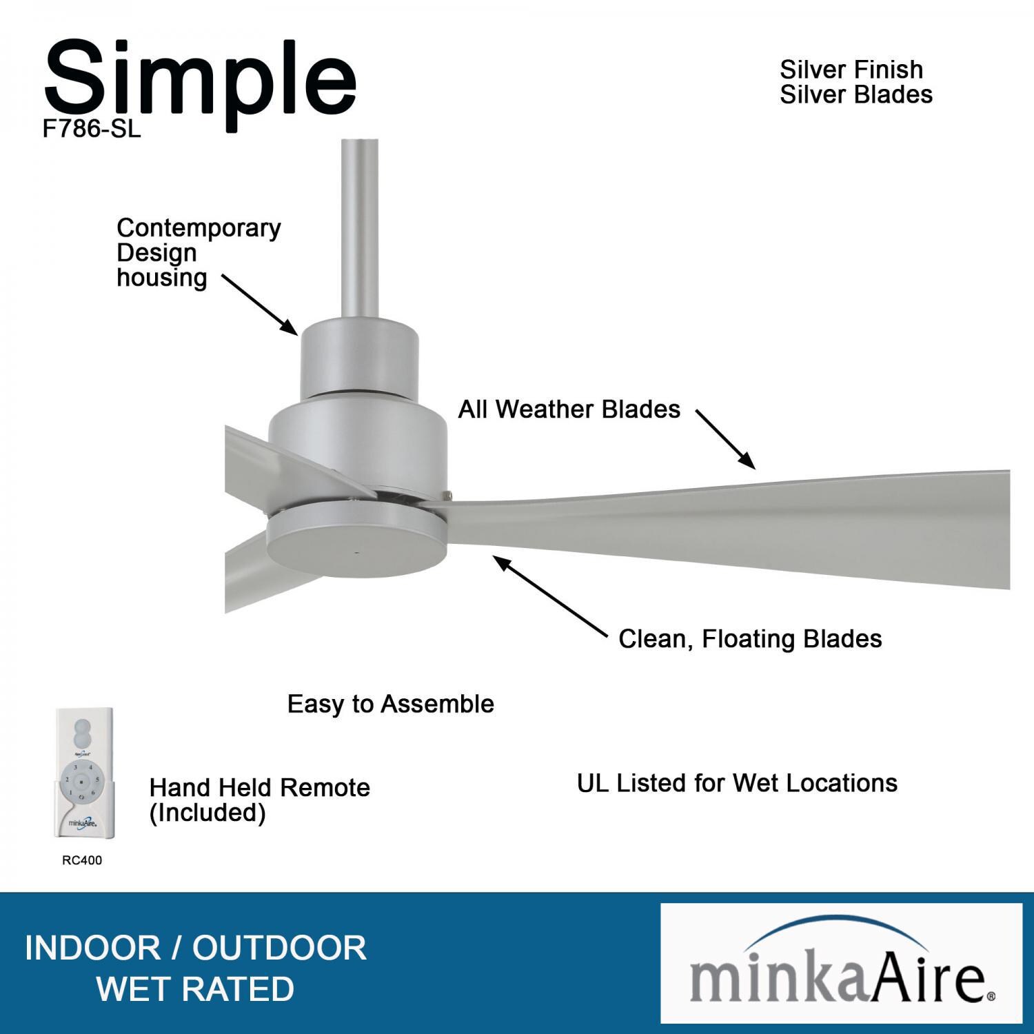 Minka-Aire F786-SL Simple 44-Inch 3-Blade Ceiling Fan in Silver Finish w/ Silver Blades - Details thumbnail