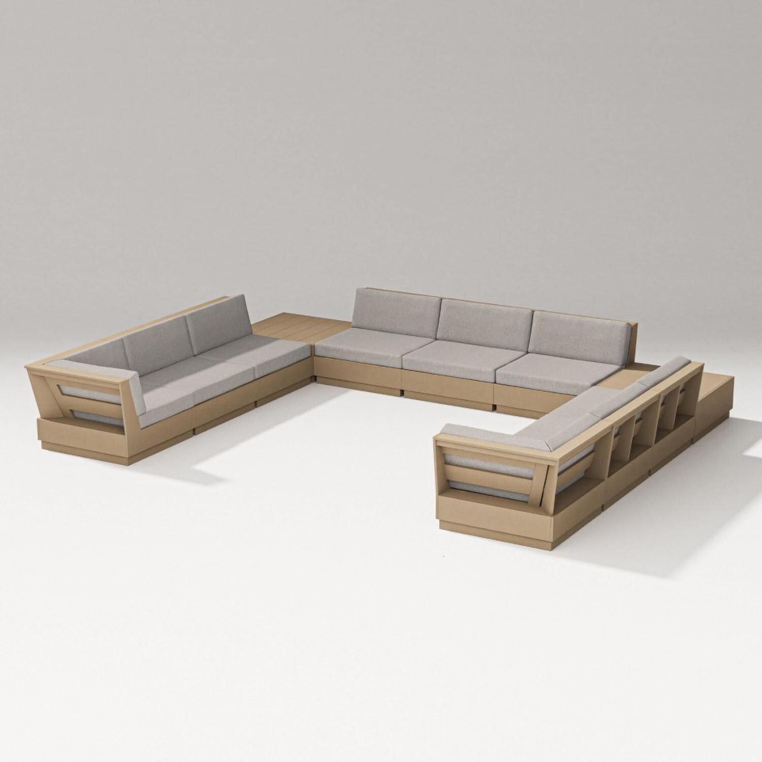 Elevate 11 Pc U-shaped Recycled Plastic Sectional Seating Set in Vintage Sahara/Weathered Tweed By PW Designer Series - Set - White Background thumbnail