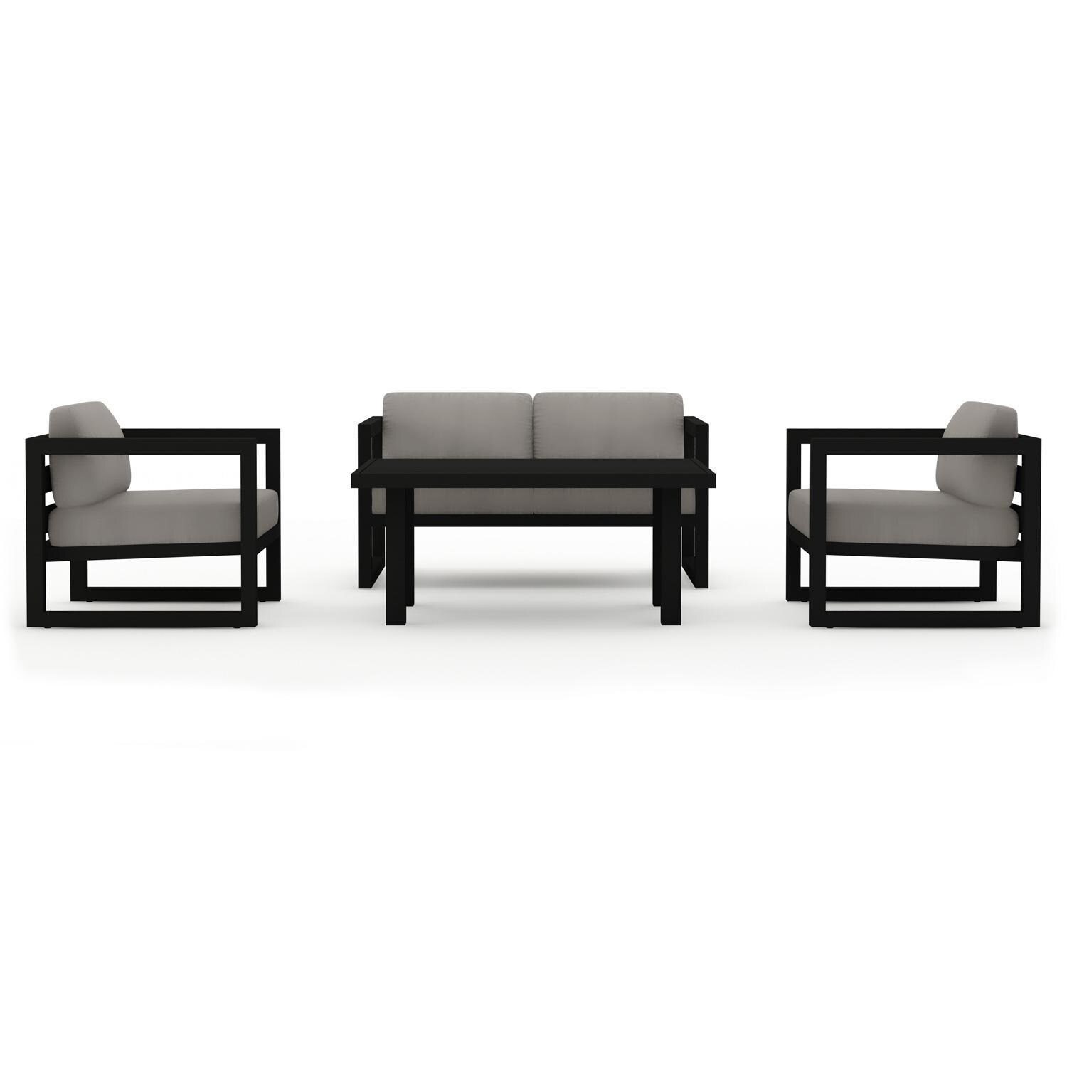 Lakeview MSTYCV-BK-SET114-CC Misty Cove 4 Pc Aluminum Seating Set in Black w/Chat Table & Canvas Charcoal Cushions by Lakeview Outdoor Designs - Set Front View - White Background thumbnail