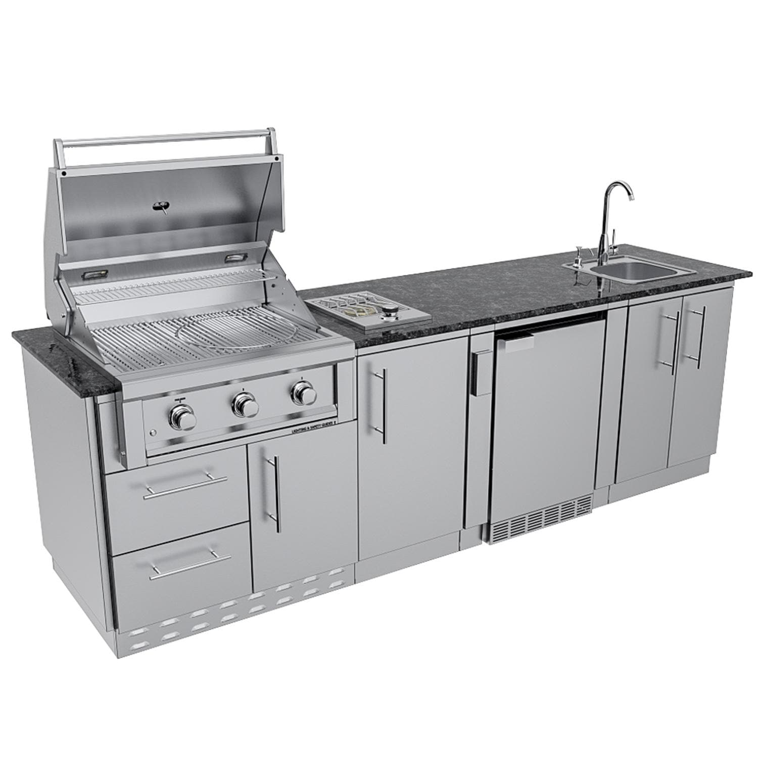 Sunstone Grills SCPBRAZOS9-LP Brazos 9 Ft Outdoor Kitchen Island w/ Propane Grill & Side Burner, Sink, Door & Drawer - Angled Open - White Background thumbnail