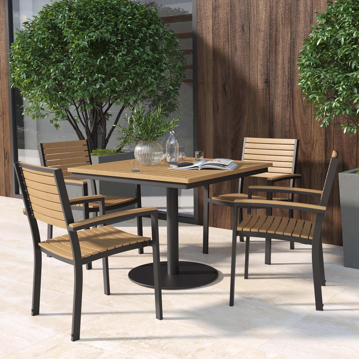 Travira 5 Pc Aluminum Dining Set W/ Natural Tekwood Slats, Arm Caps & Table Top in Carbon By Oxford Garden
