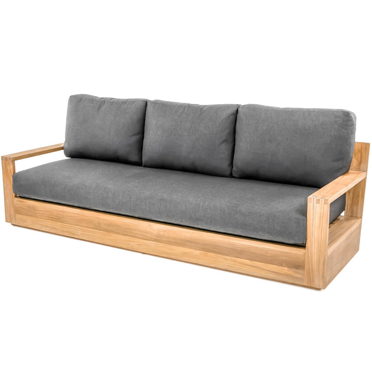 Teak + Table Atlantic Teak Patio Sofa in Sand - Angle (Carbon cushions shown) - White Background thumbnail