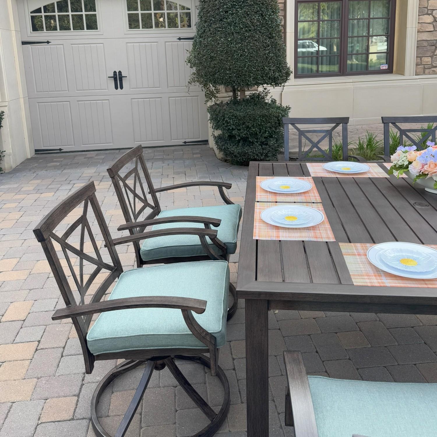 Atlantis 4 Pc Aluminum Dining Arm Chair Set in Walnut/Spa by Darlee - Chairs At Table - Lifestyle thumbnail