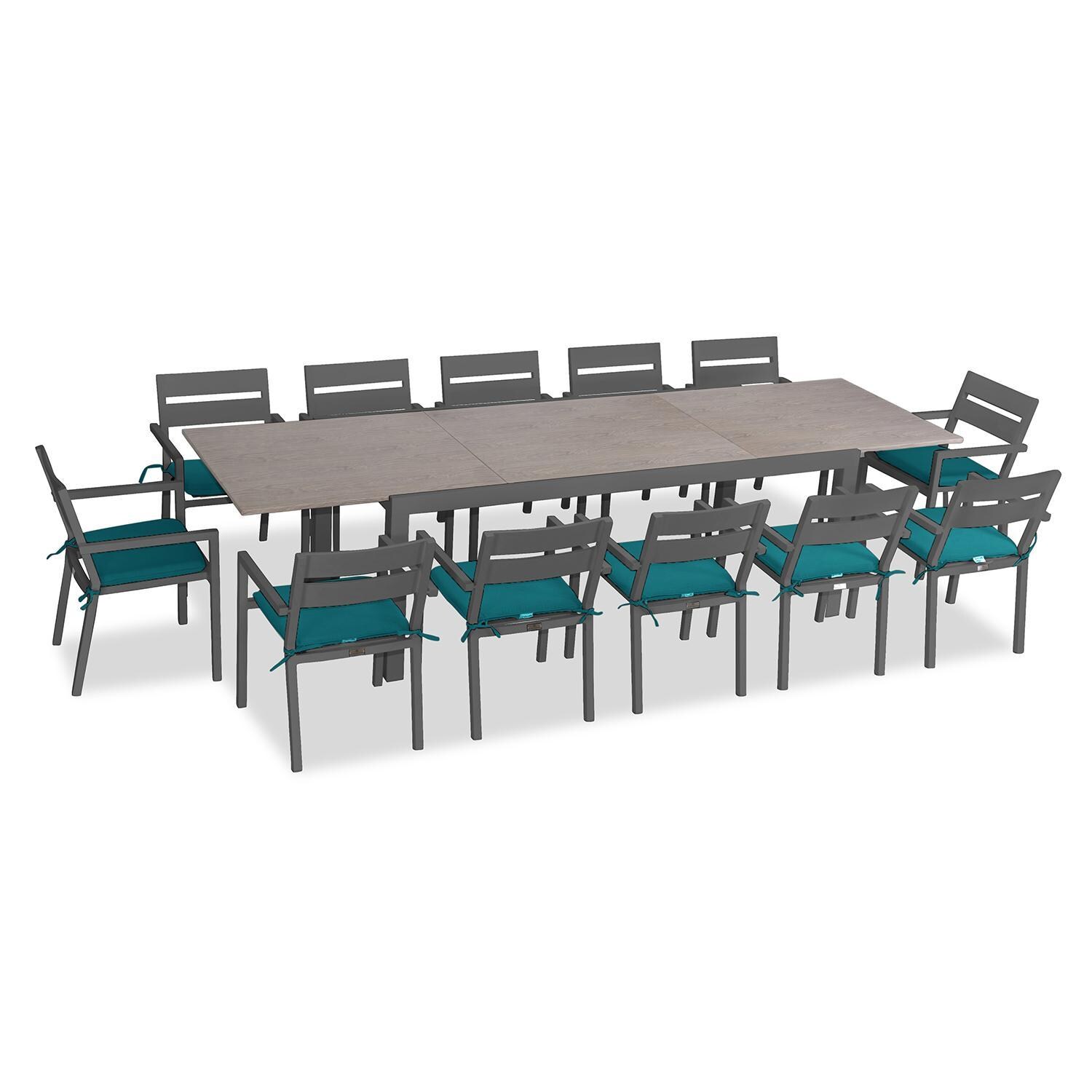 Calm Bay 13 Pc Extendable Aluminum Dining Set in Slate/Barnwood/Spectrum Peacock by Lakeview Outdoor Designs