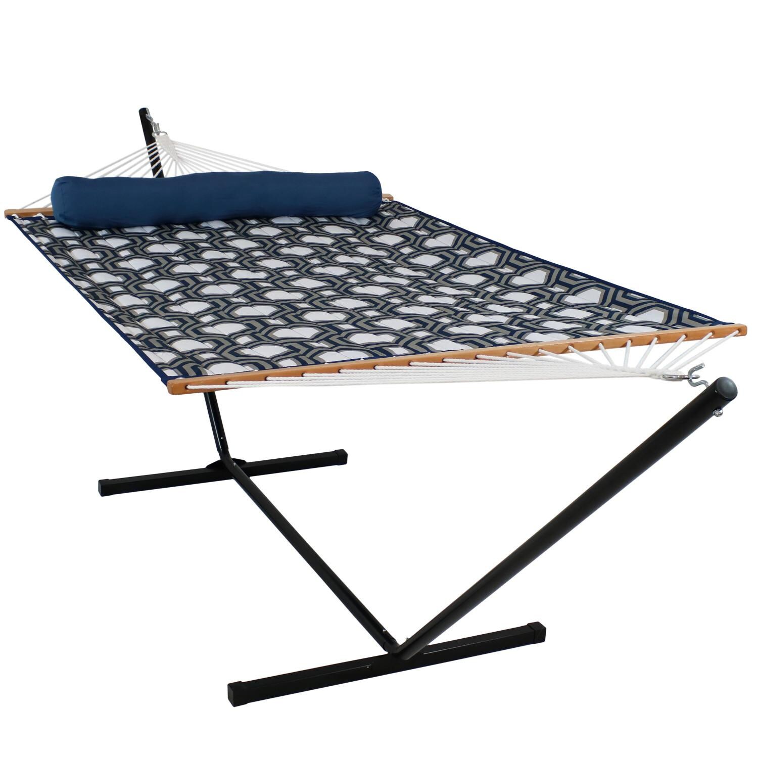 Sunnydaze Decor Quilted Double Hammock w/ 12-Foot Steel Beam Stand & Pillow - Navy and Gray Octagon - LY-QFH-NGO-COMBO12 image