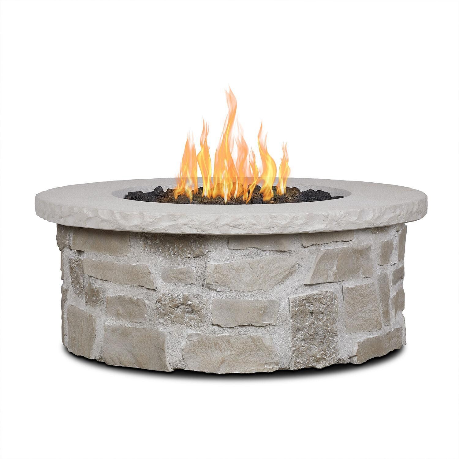 Heritage 40 Inch Round Stone Propane Fire Pit Table in Beige by Lakeview Outdoor Designs - Display - White Background thumbnail