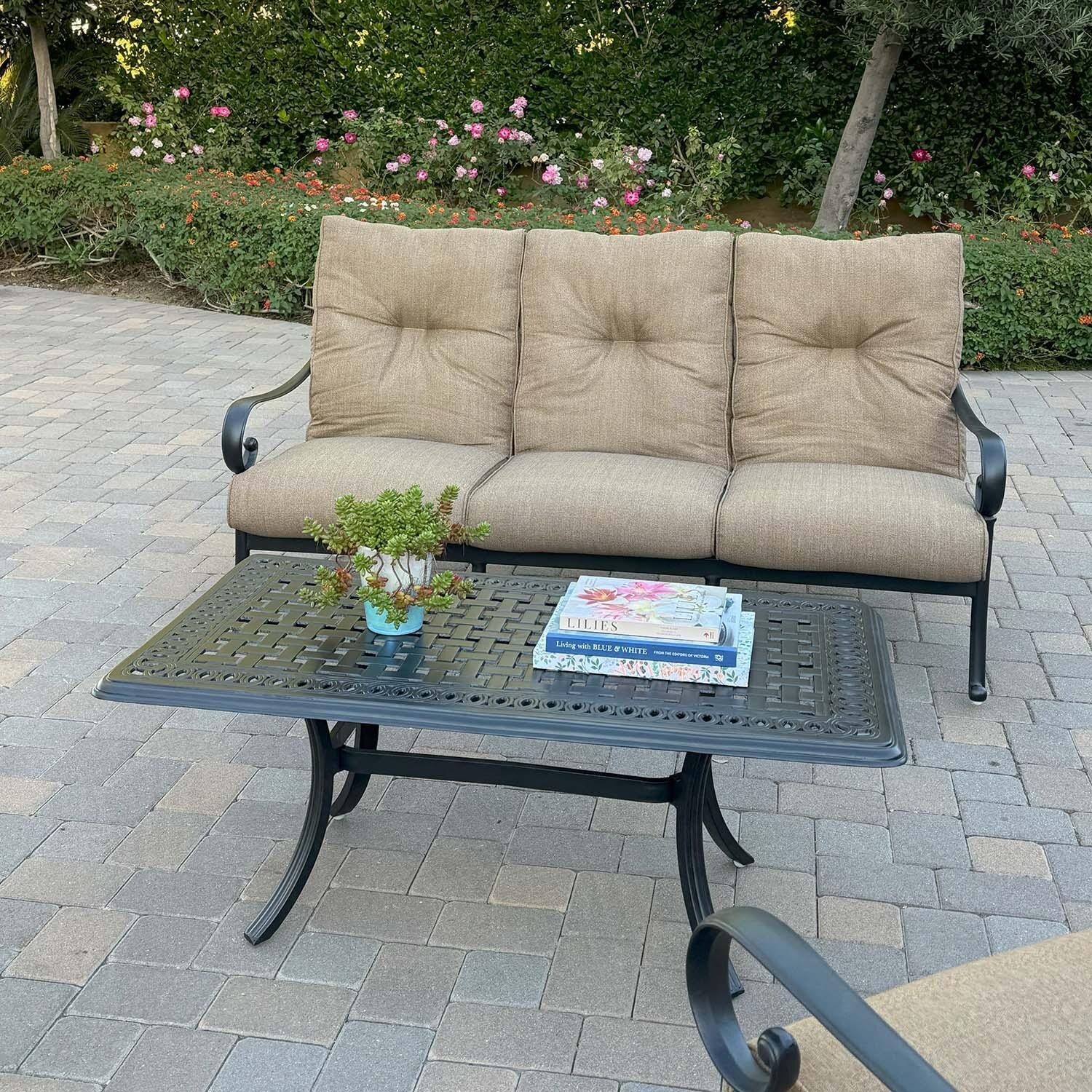 Santa Anita 3 Pc Cast Aluminum Seating Set in Antique Bronze/Sesame by Darlee - Coffee Table - Lifestyle thumbnail