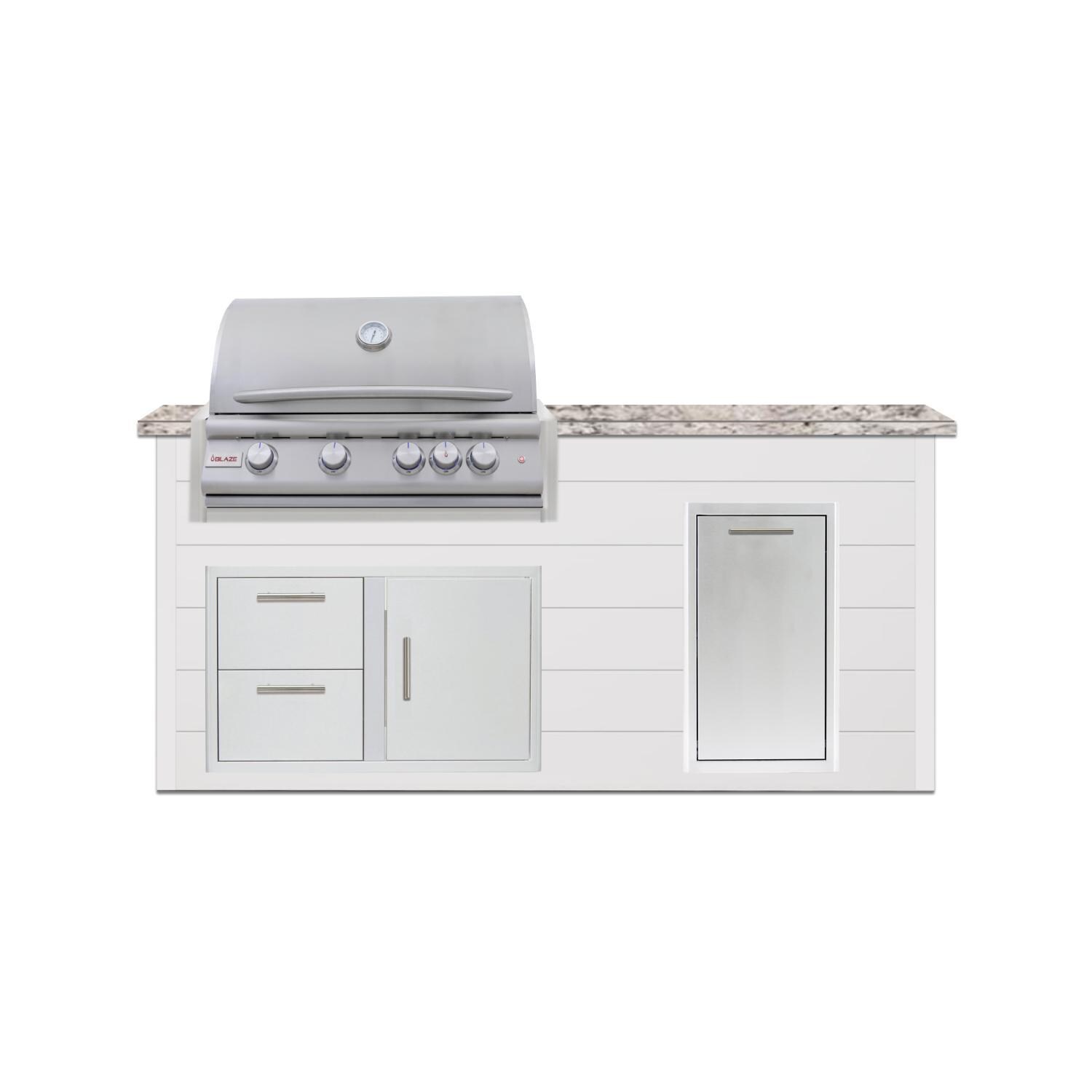 BBQGuys Signature 6 Ft Grill Island w/ 32 Inch Natural Gas Blaze Premium LTE+ Grill & Door & Drawer | Crystal White w/ White Granite - Front - White Background thumbnail