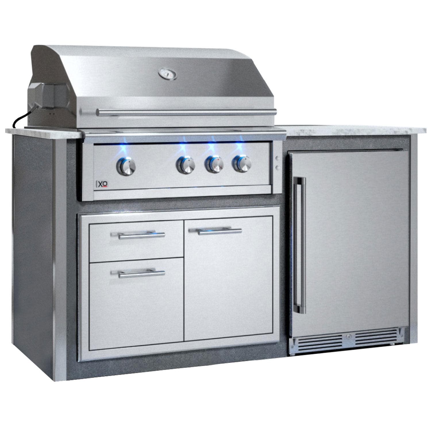 XO Designer 6 1/2 Ft Outdoor Kitchen Island w/ 36-in Propane Pro-Grade Grill, Door & Drawer, & Outdoor Refrigerator in Gray
