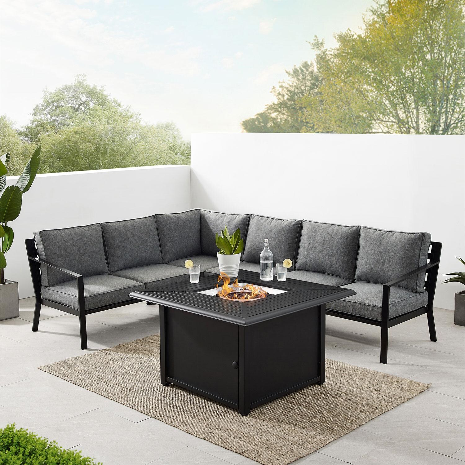 Ultimate Patio Craft Bay 5Pc Outdoor Sectional Set W/ Fire Table in Charcoal Gray