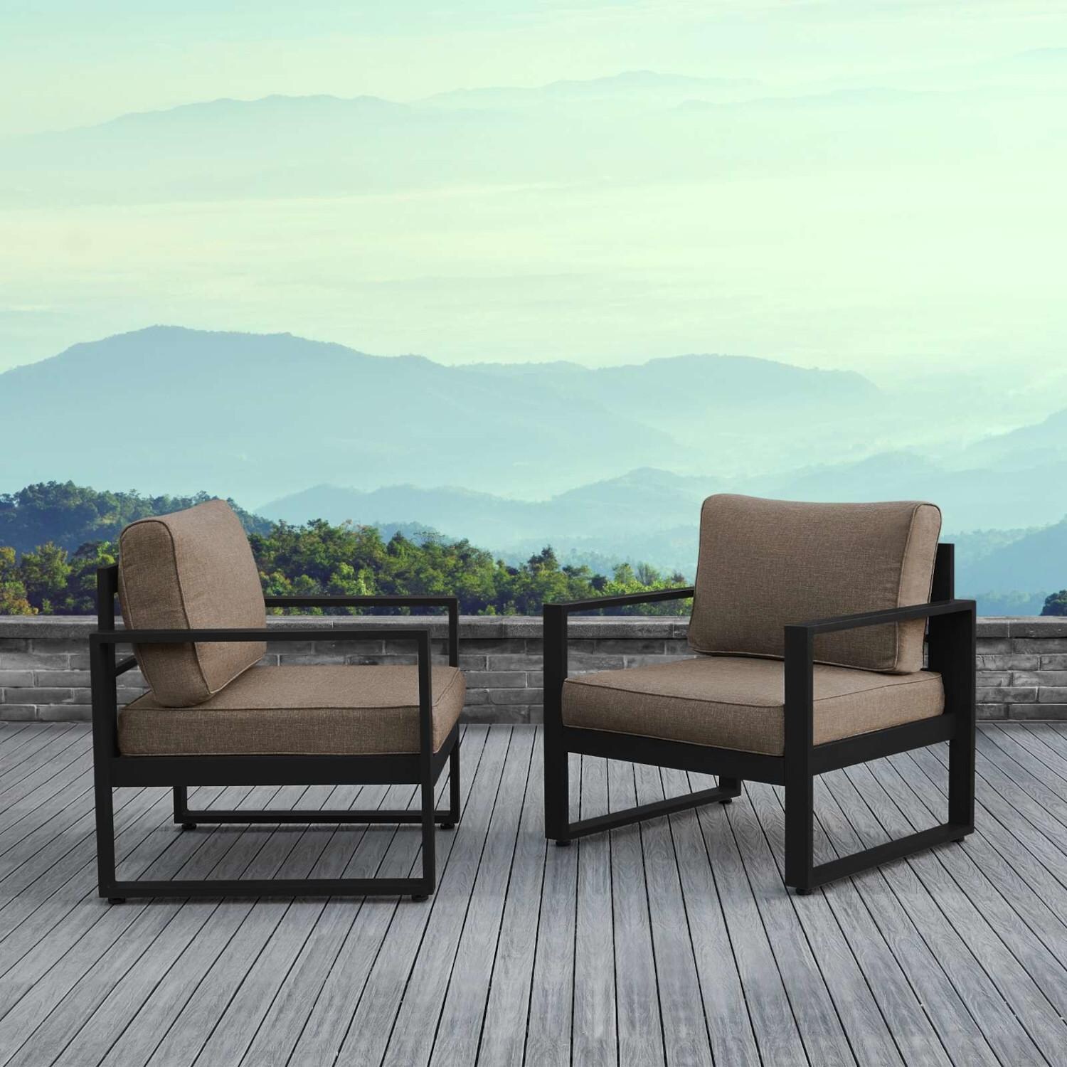 Villa Flora 2 Pc Aluminum Chair Set in Black w/ Brown Cushions by Lakeview Outdoor Designs