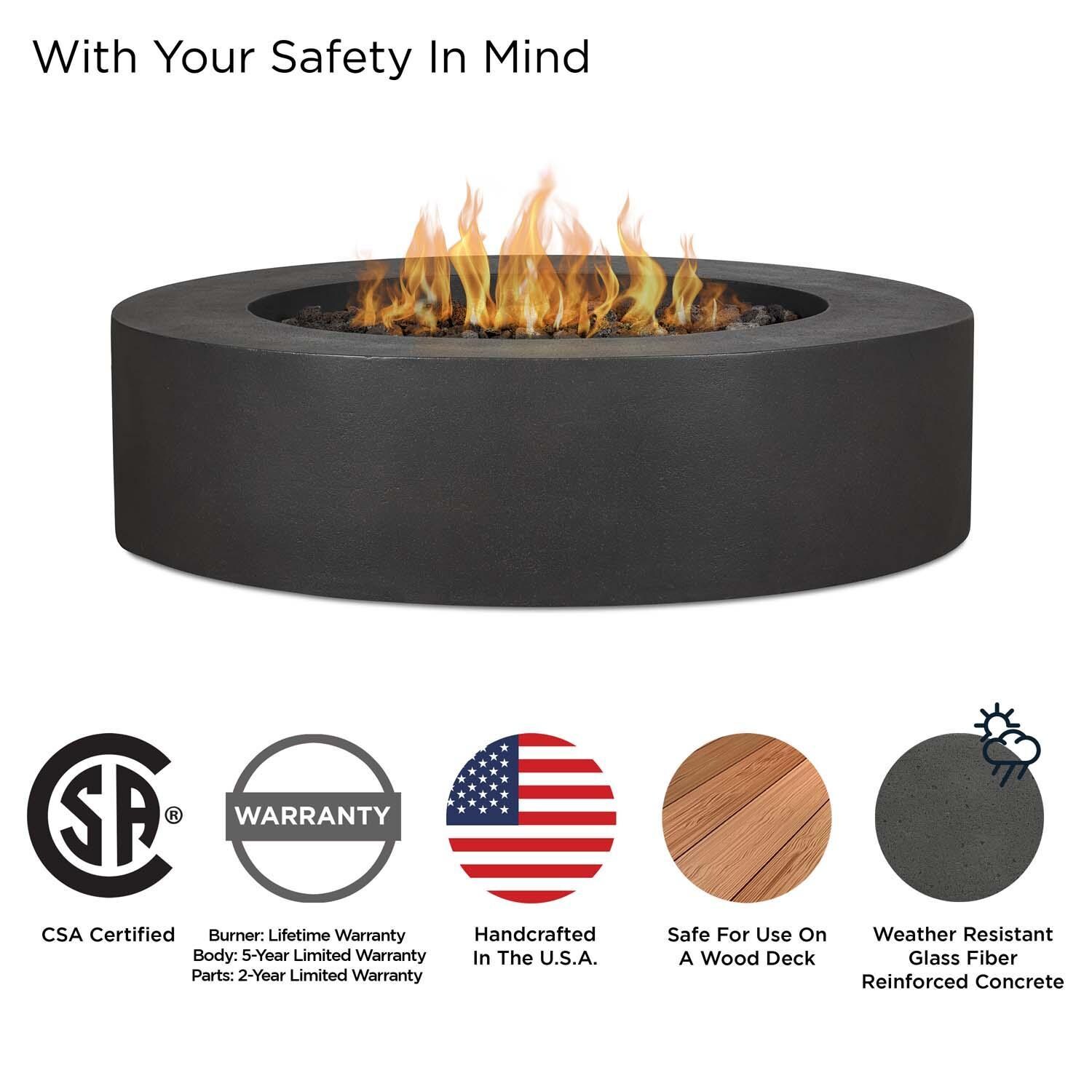 Hillview Bay 43 Inch Round Glass Fiber Reinforced Concrete Propane Fire Pit Table in Carbon by BBQGuys Signature - Safety thumbnail
