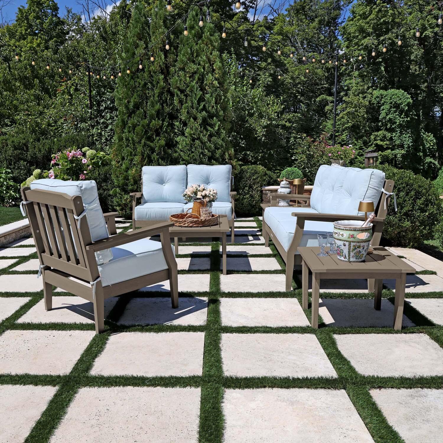 Blushing Bay 6 Pc Recycled Plastic Grand Seating Set in Bliss Dew/Woodland Brown by Lakeview Outdoor Designs - Side View - Lifestyle thumbnail