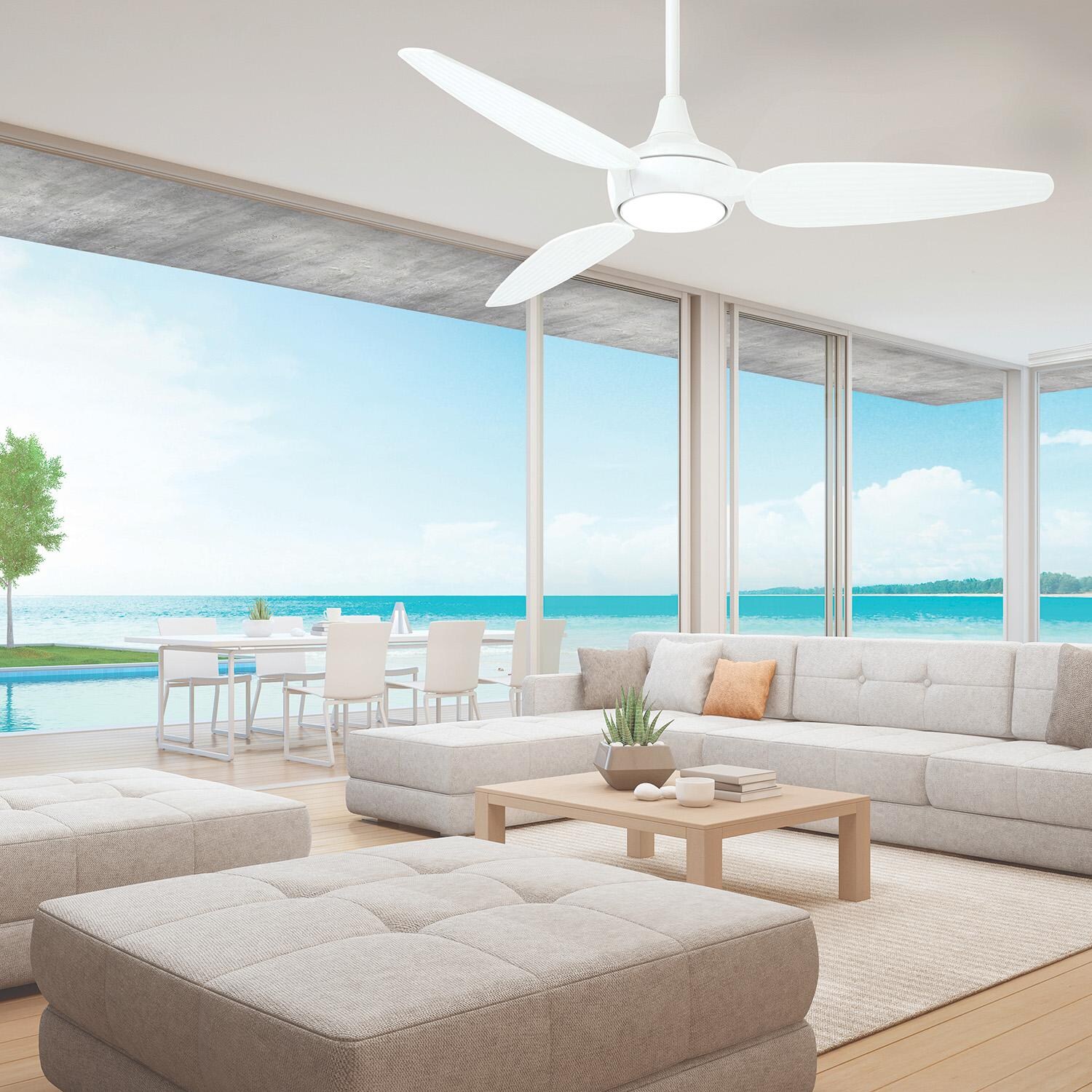 Minka-Aire F675L-WHF Seacrest 60-Inch 3-Blade LED Ceiling Fan in Flat White Finish w/ Flat White Blades & Etched Glass - Lifestyle thumbnail