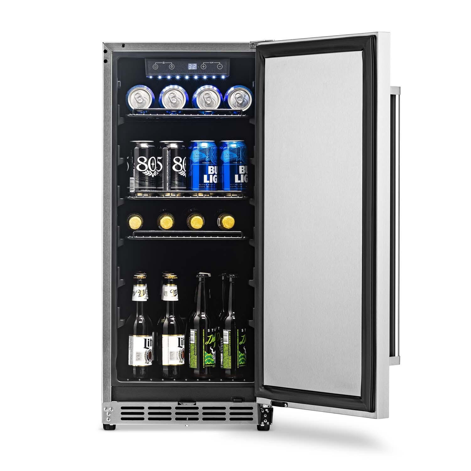 NewAir NCR032SS00 15 Inch 90 Can Right Hinge Commercial Built-in Outdoor Beverage Cooler - Stainless Steel - Door Open Front View - White Background thumbnail