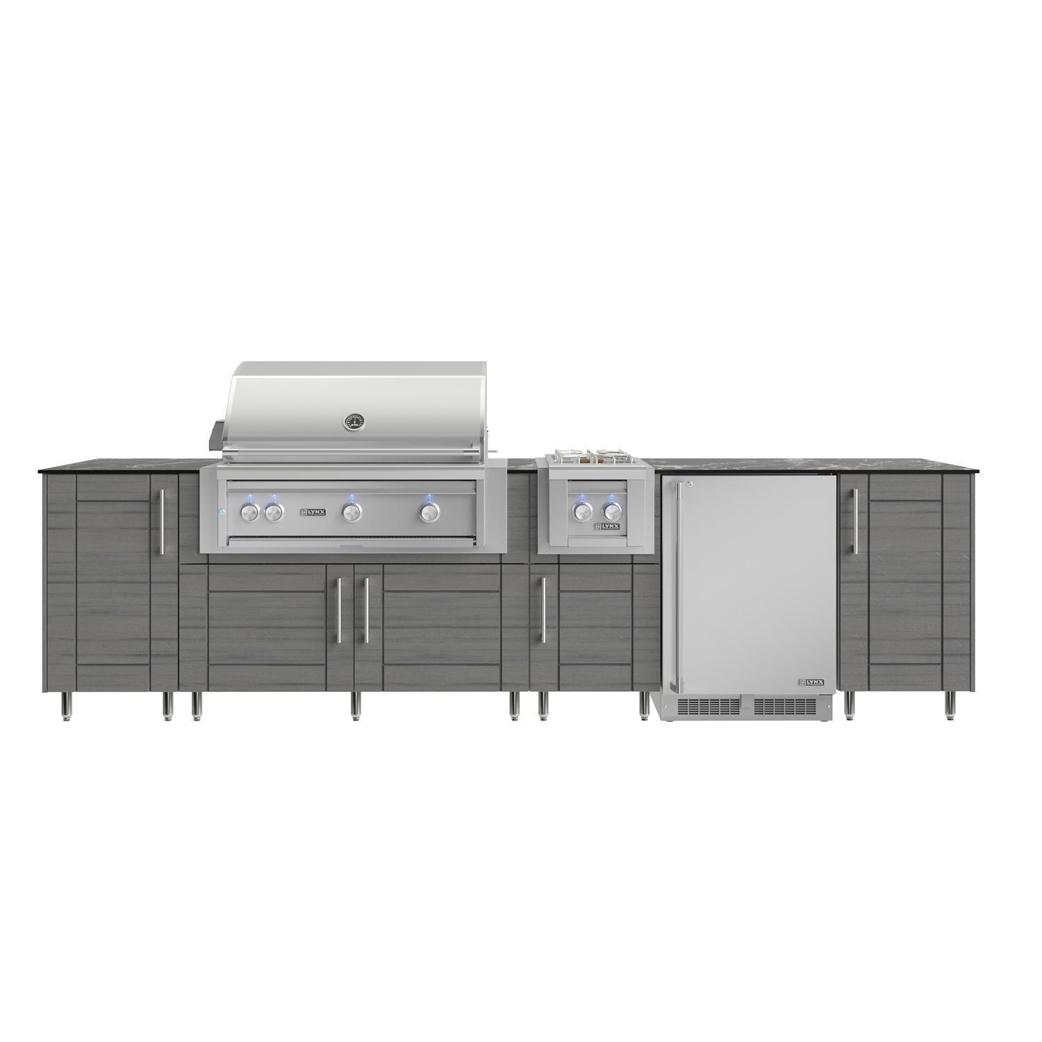 WeatherStrong Nassau 10 1/2 Ft Outdoor Kitchen Island w/ Lynx Natural Gas Grill, Side Burner & Refrigerator in Dark Ash/Midnight Ice