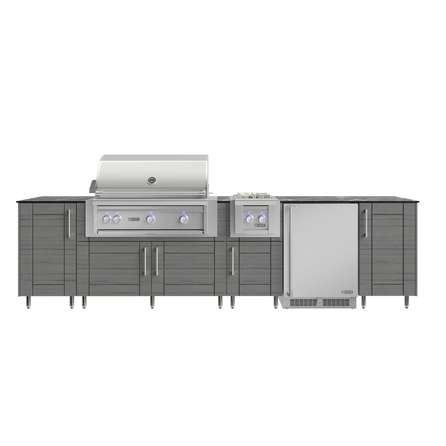 WeatherStrong Nassau 10 1/2 Ft Outdoor Kitchen Island w/ Lynx Natural Gas Grill, Side Burner & Refrigerator in Dark Ash/Midnight Ice - Island - White Background thumbnail