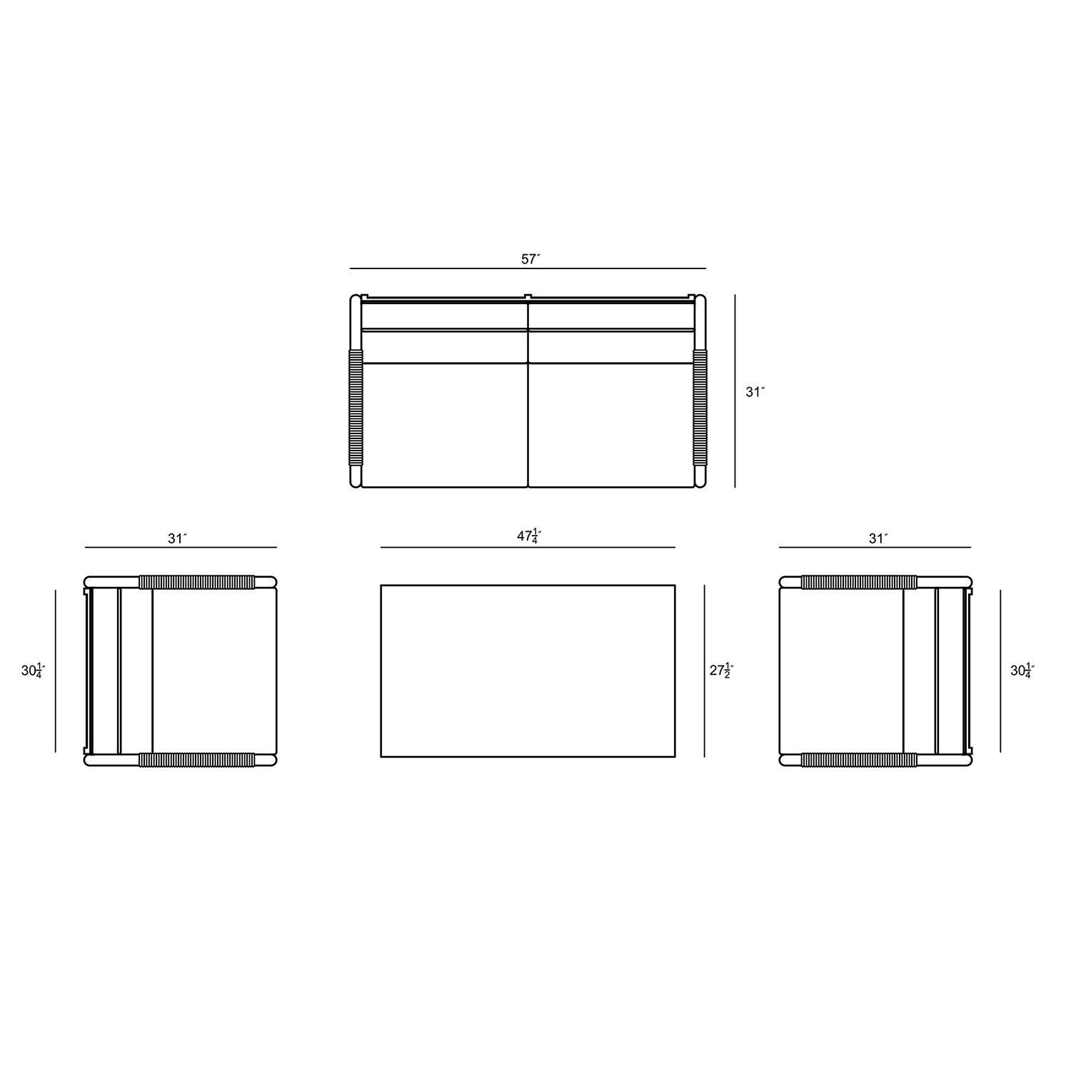 Lakeview AVEBAY-BK-CO-SET111-CS Avenue Bay Black/Carbon 5 Pc Loveseat Set - Cast Silver - Bottom Dimensions - Diagram thumbnail