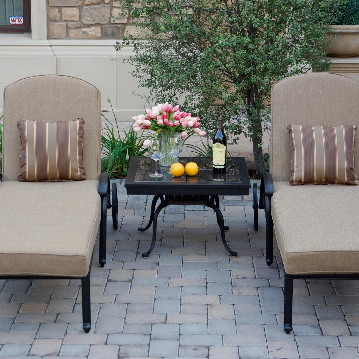 Darlee Elisabeth 3 Piece Cast Aluminum Chaise Lounge Set W/ Mocha Granite Top End Table & Sesame Cushions image