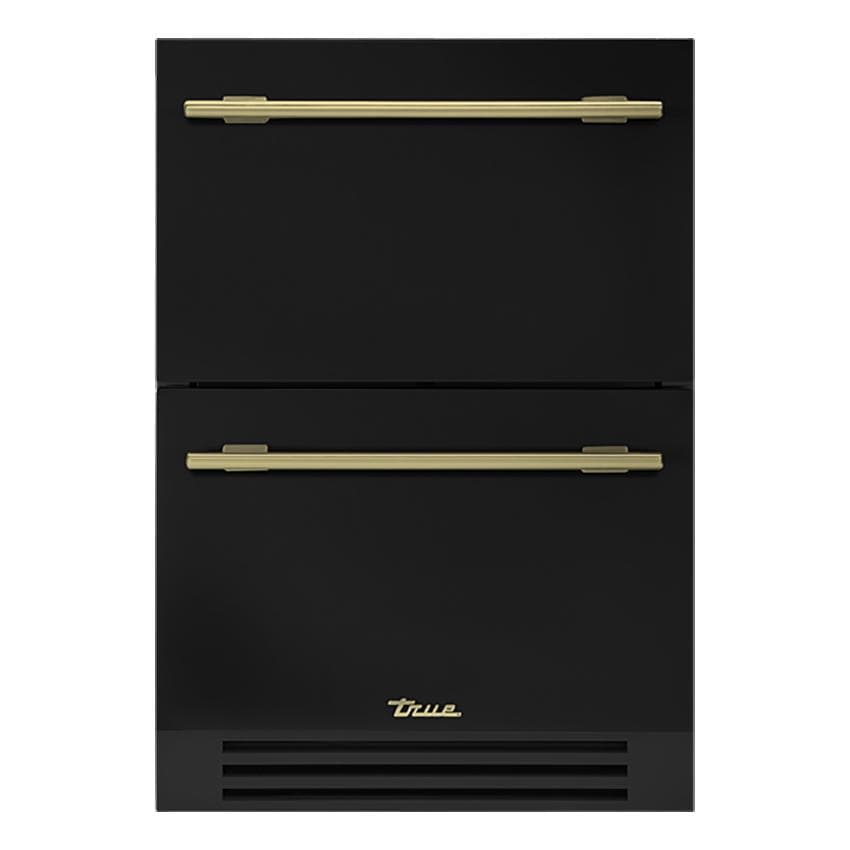 True TUF-24D-OP-C~DSK-027-H01 24 Inch 5.6 Cu. Ft. Outdoor Freezer Drawer in Matte Black w/ Brass Handles - White Background thumbnail