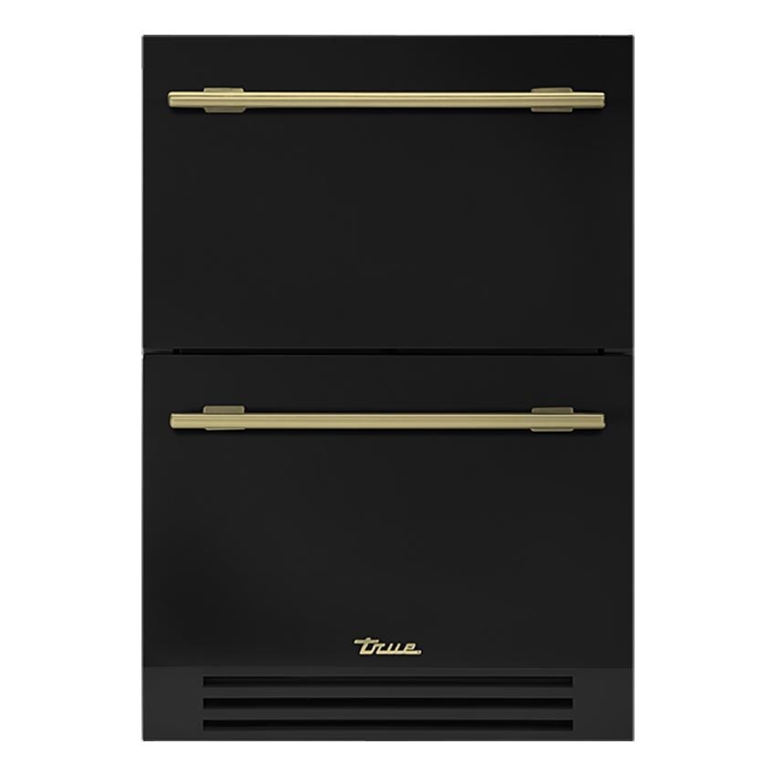 True TUF-24D-OP-C~DSK-027-H01 24 Inch 5.6 Cu. Ft. Outdoor Freezer Drawer in Matte Black w/ Brass Handles - White Background thumbnail