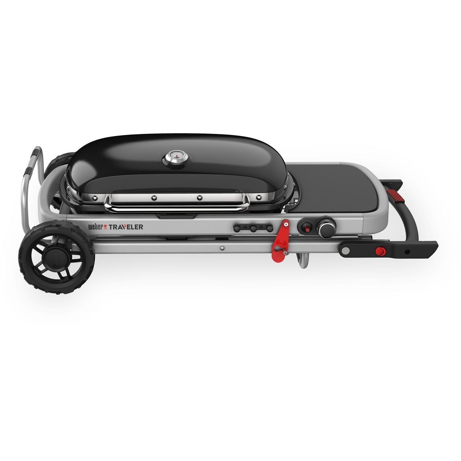 Weber Traveler 9010001 Portable Propane Gas Grill - Black - Cart Collapsed - White Background thumbnail