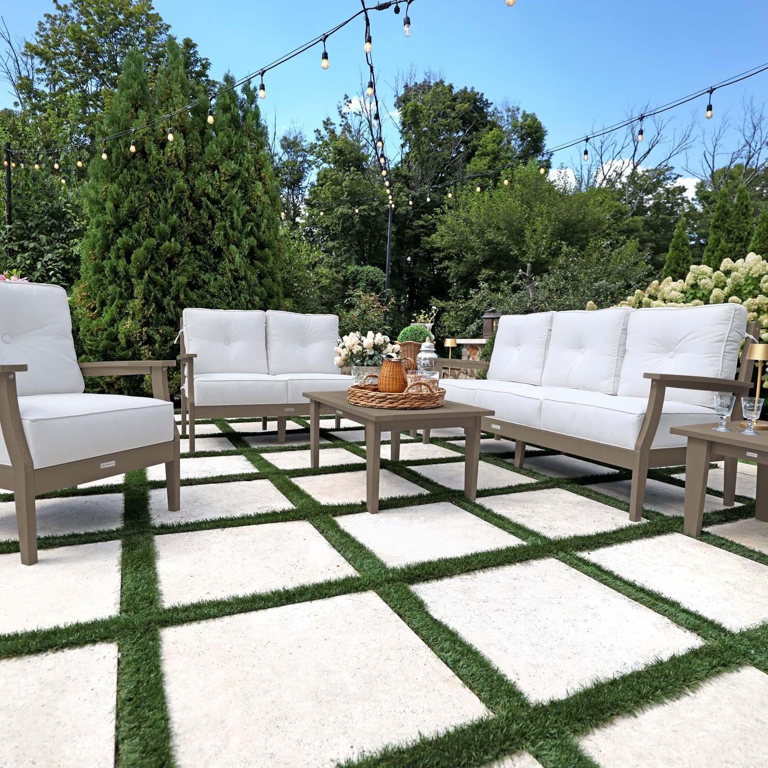 Blushing Bay 6 Pc Recycled Plastic Grand Seating Set in Bliss Linen/Woodland Brown by Lakeview Outdoor Designs - Front View - Lifestyle thumbnail