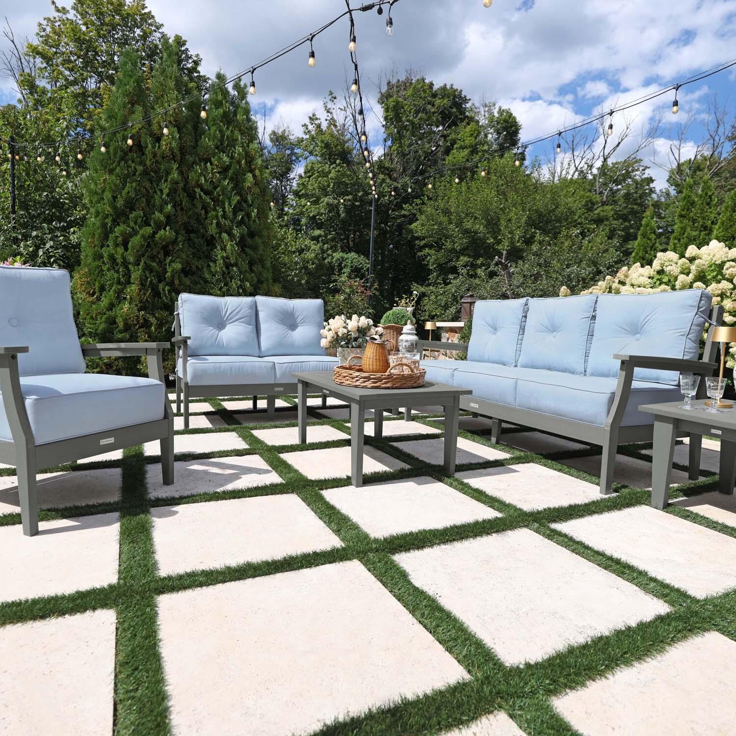 Blushing Bay 6 Pc Recycled Plastic Grand Seating Set in Bliss Dew/Coastal Teak by Lakeview Outdoor Designs - Front View - Lifestyle thumbnail